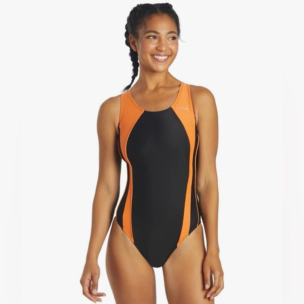Sporti Piped Splice Wide Strap One Piece Swimsuit Black Orange 34